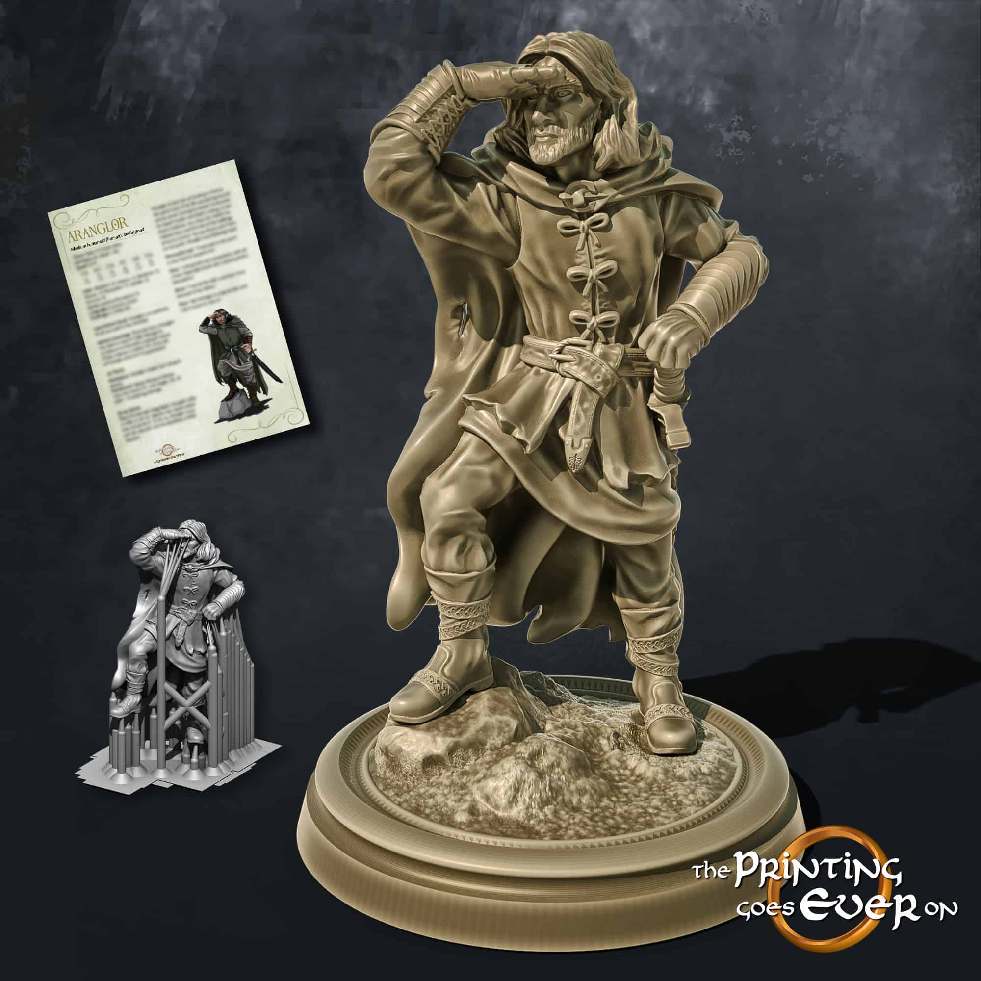 aranglor human ranger looking into the distance with sword 3d printable tabletop miniature from the printing goes ever on patreon welcome trove