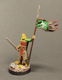 Presupported 3d miniature of Gumann with bears a sword and a green banner.