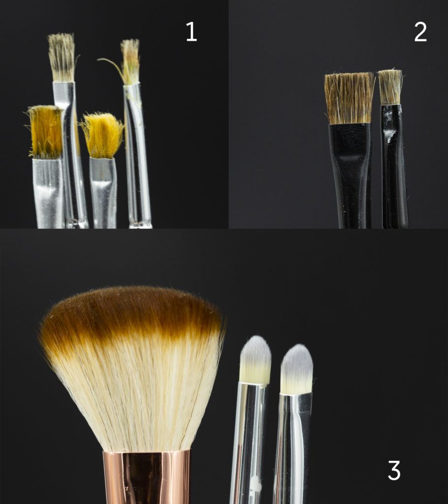 Three photos of different brushes good for drybrushing - worn out, proper, designed for it and often used cheap, makeup brushes.