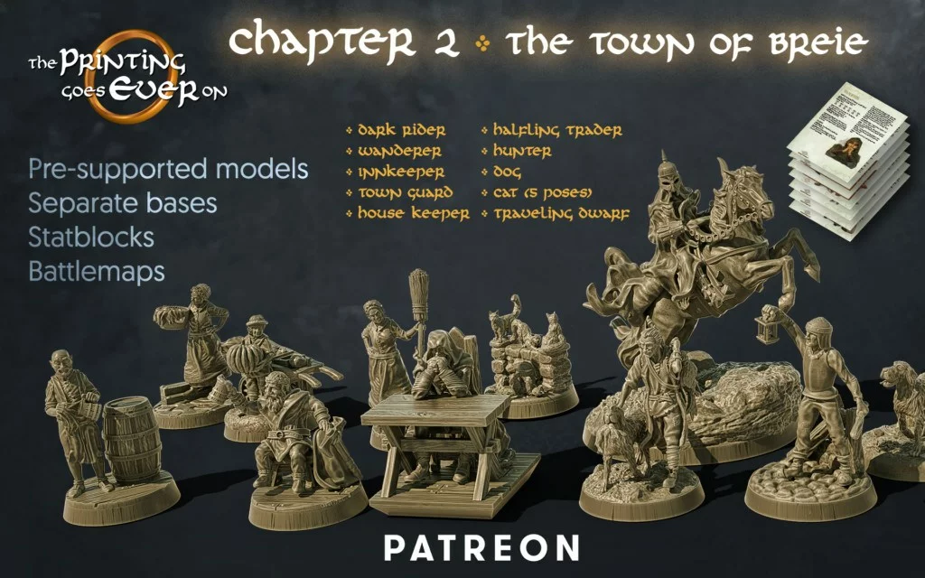 the printing goes ever on patreon chapter 2 the town of breie september 2020 release pack of 3d printable tabletop miniatures