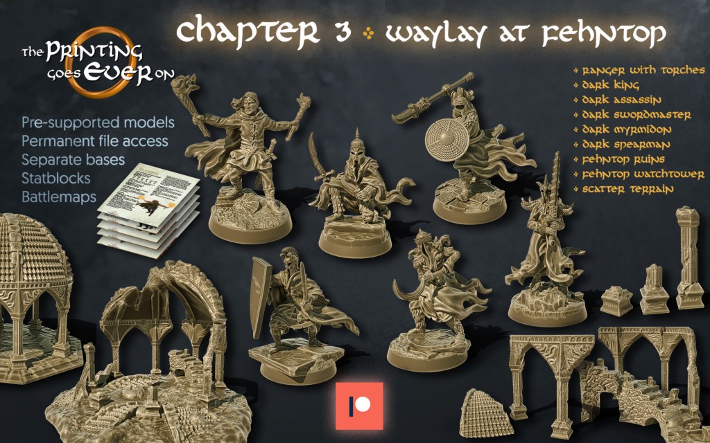 the printing goes ever on patreon october 2020 release featuring 6 high quality pre-supported 3d printable minaitures and supportless ruin dioramas