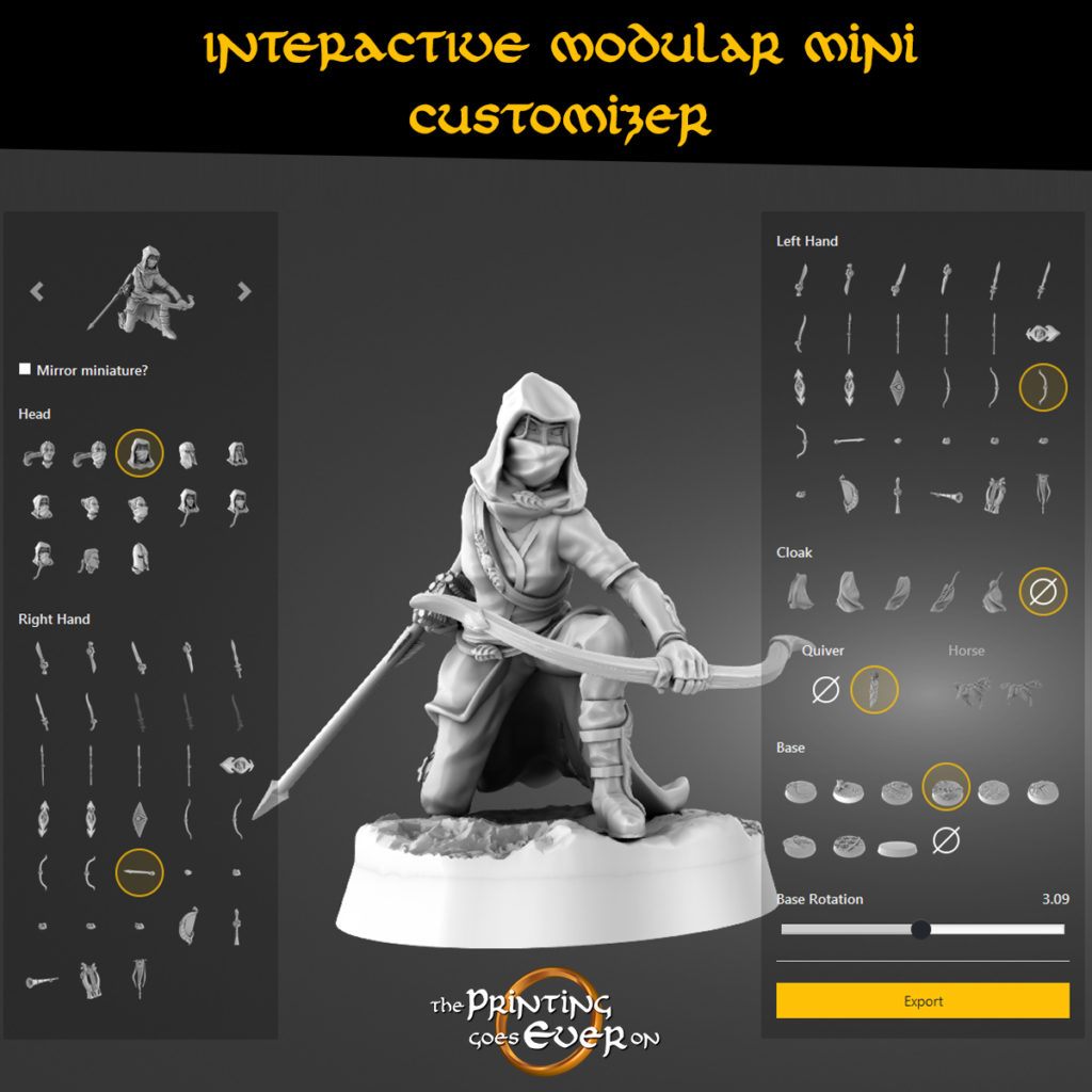 Pic of the 3d miniatures customizer with a gray archer kneeling in the middle as an example model from the printing goes ever on stl models collection. Different presupported bits on both sides. 